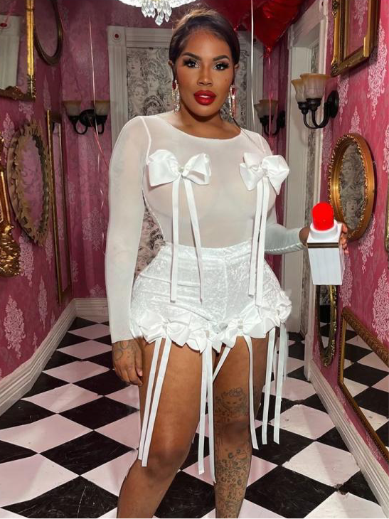 Bow Decor Sheer Lace Tassel Short Sets