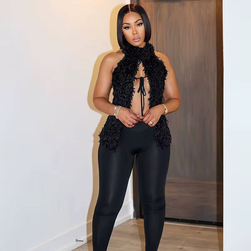 Fluff Lace Up Split Hem Tank Pant Sets