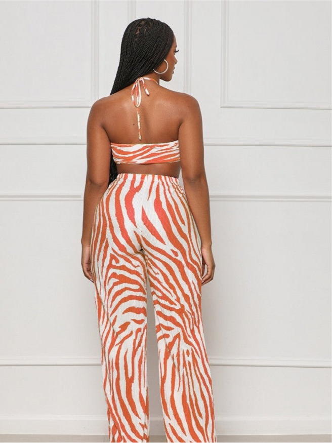 Lace Up Striped Ruched Trouser Sets