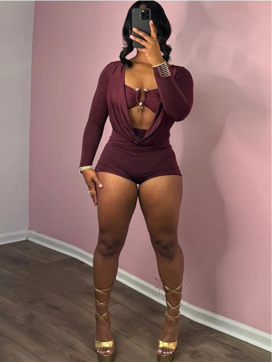 Deep V Neck Fitted Metal Decor Rompers