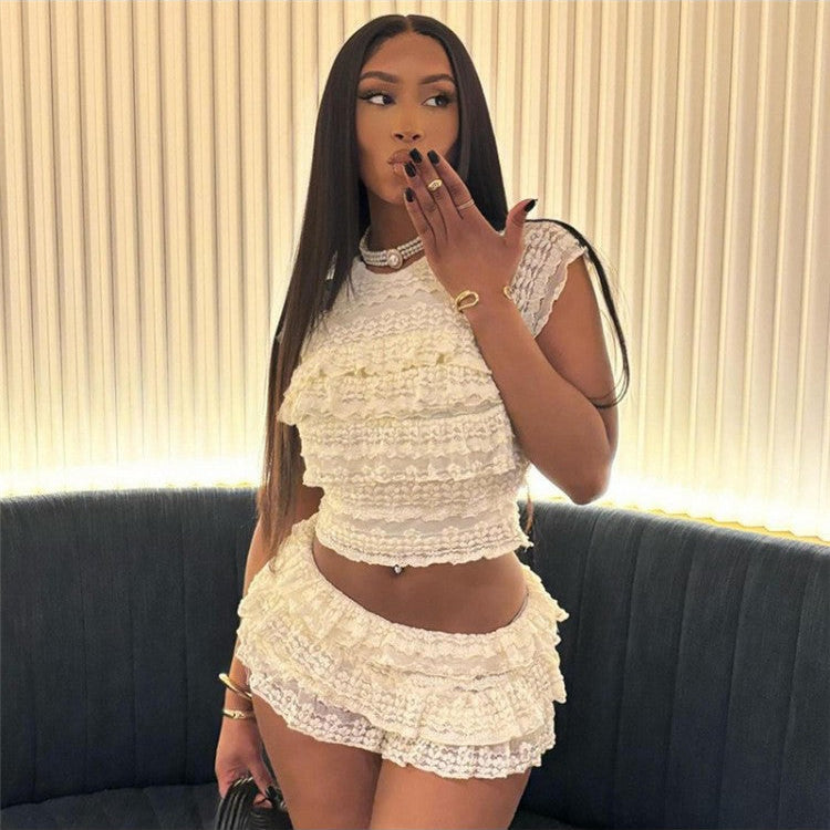 Pure Color Ruched Cropped Shorts Sets