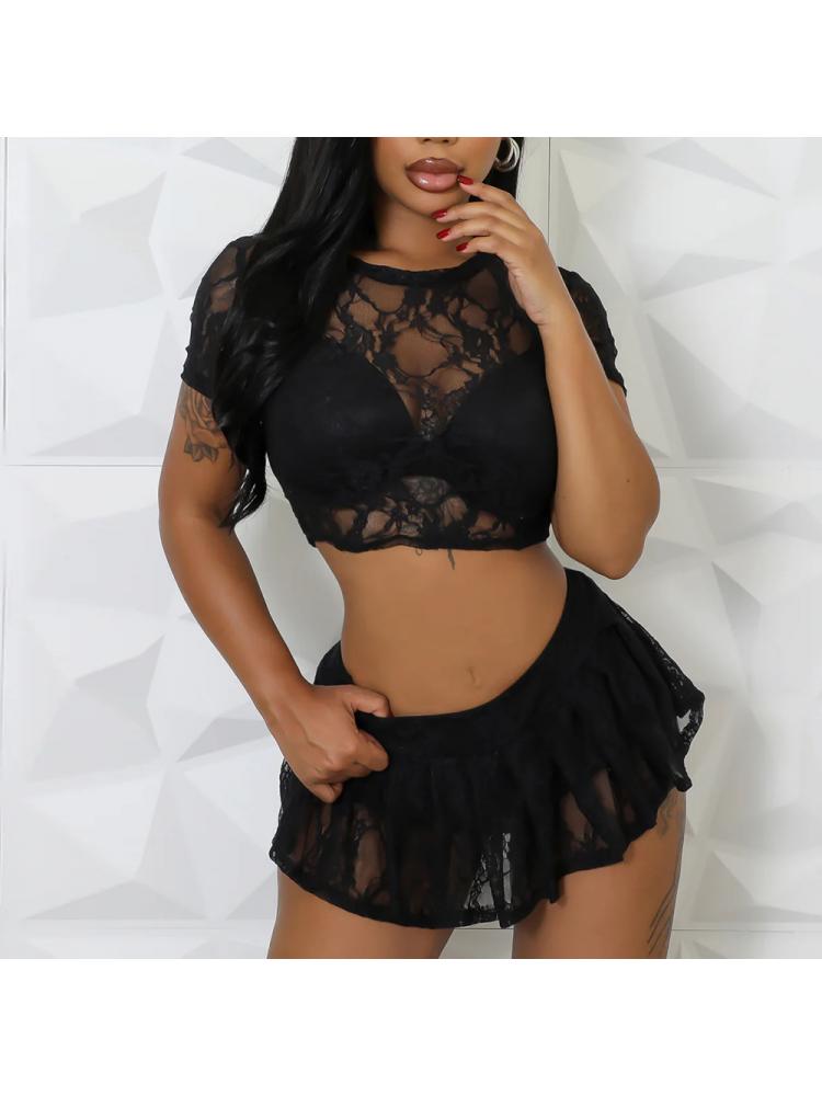 Floral See Through Cropped Skort Sets