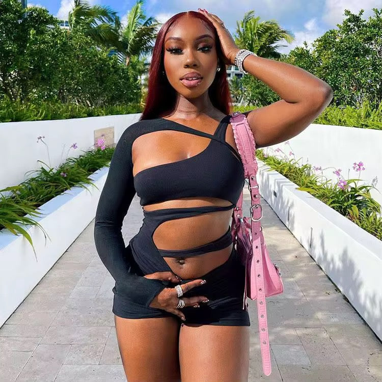 Stylish Hollow-Out One Shoulder Polyester Rompers