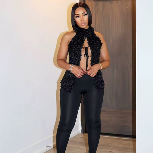 Fluff Lace Up Split Hem Tank Pant Sets
