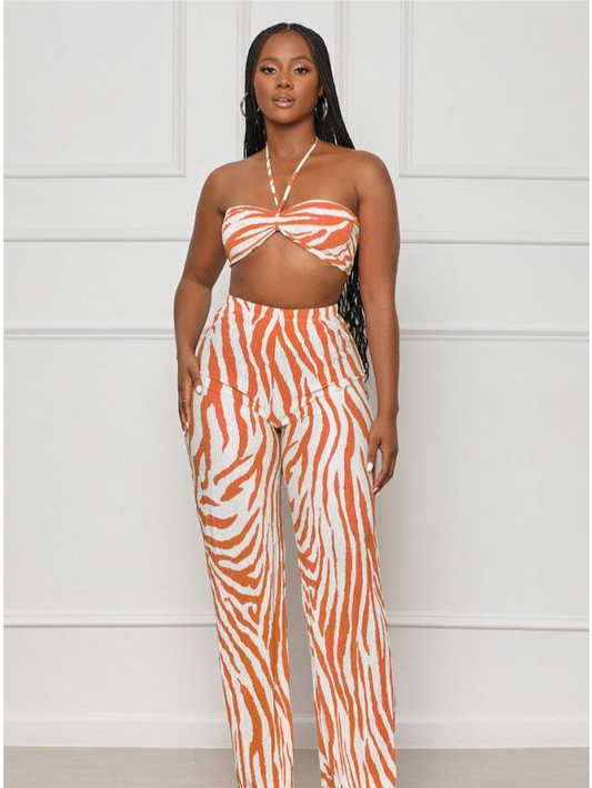 Lace Up Striped Ruched Trouser Sets