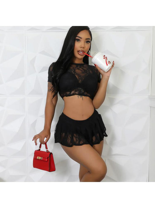 Floral See Through Cropped Skort Sets