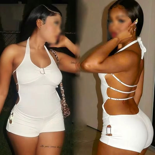 Splints Buckle Halter Backless Lace-Up Rompers