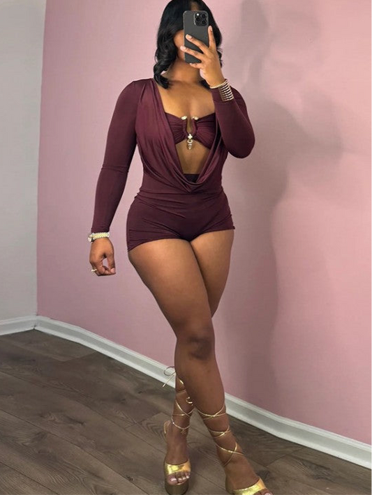 Deep V Neck Fitted Metal Decor Rompers