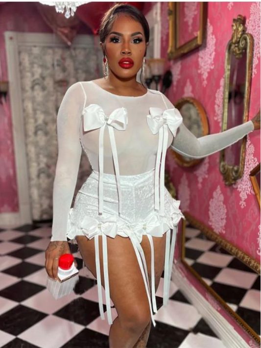 Bow Decor Sheer Lace Tassel Short Sets