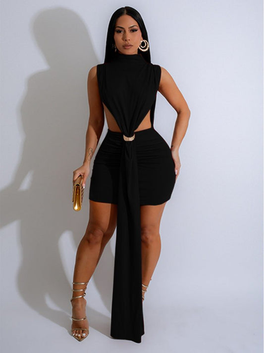 Metal Decor Hollow-out Ribbons Mini Dress